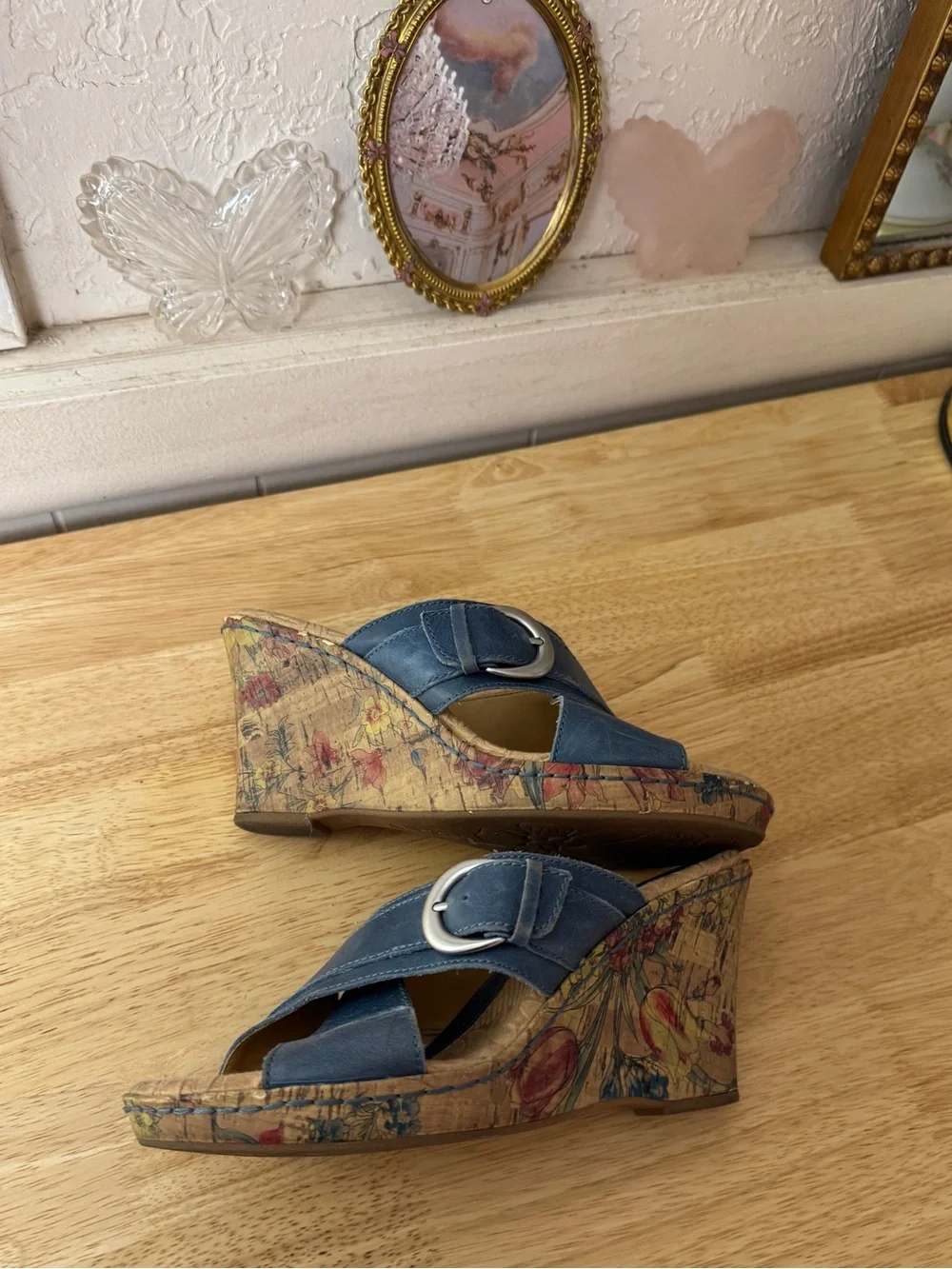 B.O.C. Blue Leather Cork Wedge Slide Sandals Size 7 Y2K Comfort Floral Wedges